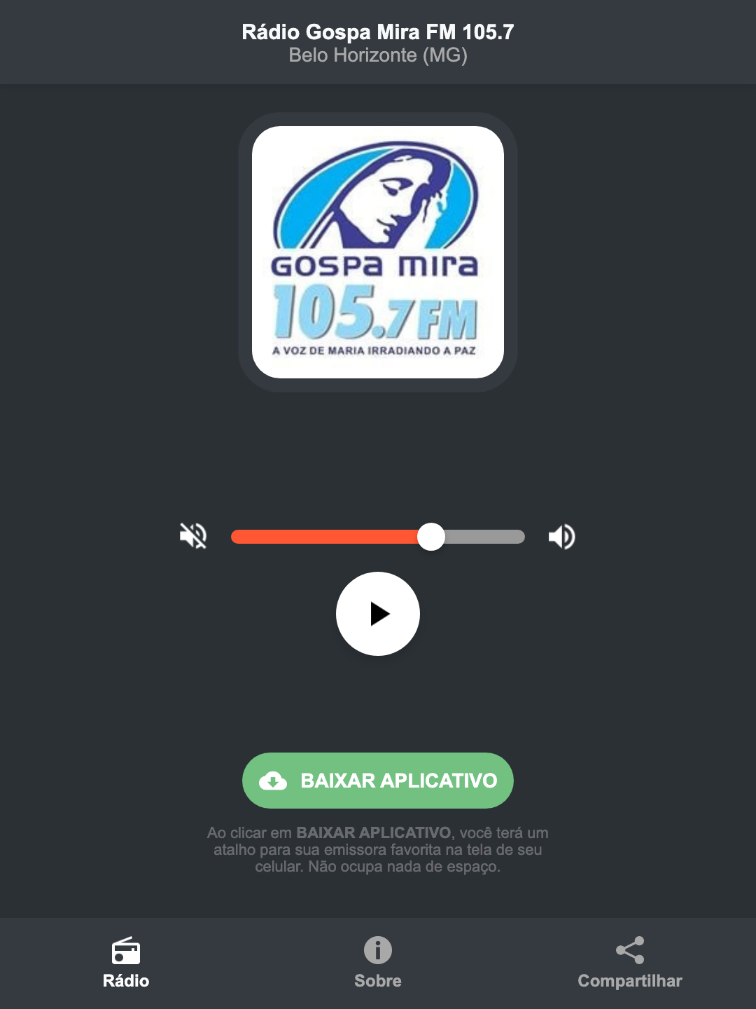 Screenshot do aplicativo da Rádio Gospa Mira FM 105.7