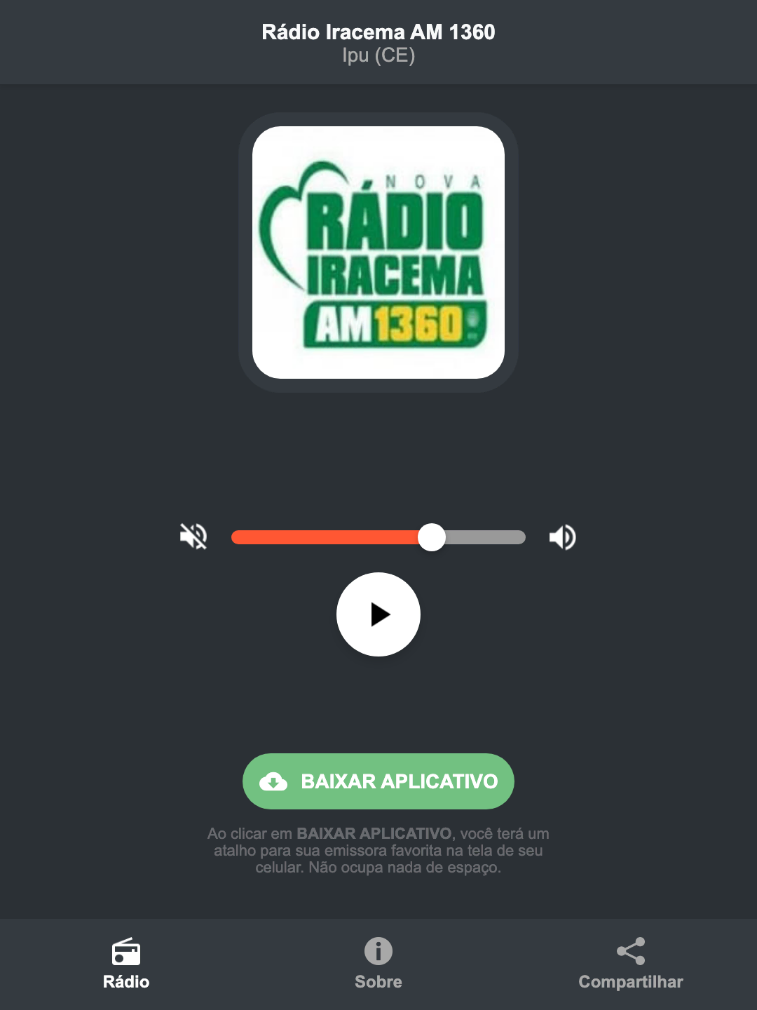Screenshot do aplicativo da Rádio Iracema AM 1360