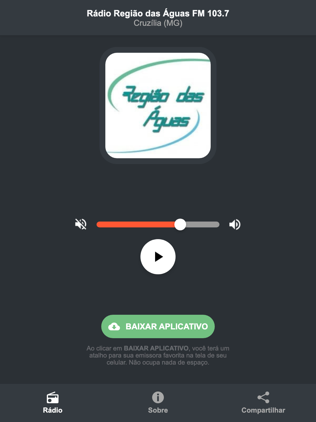 Screenshot do aplicativo da Rádio Região das Águas FM 103.7