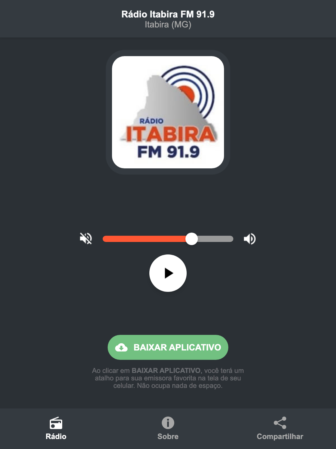 Screenshot do aplicativo da Rádio Itabira FM 91.9
