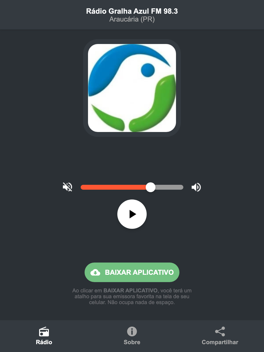 Screenshot do aplicativo da Rádio Gralha Azul FM 98.3