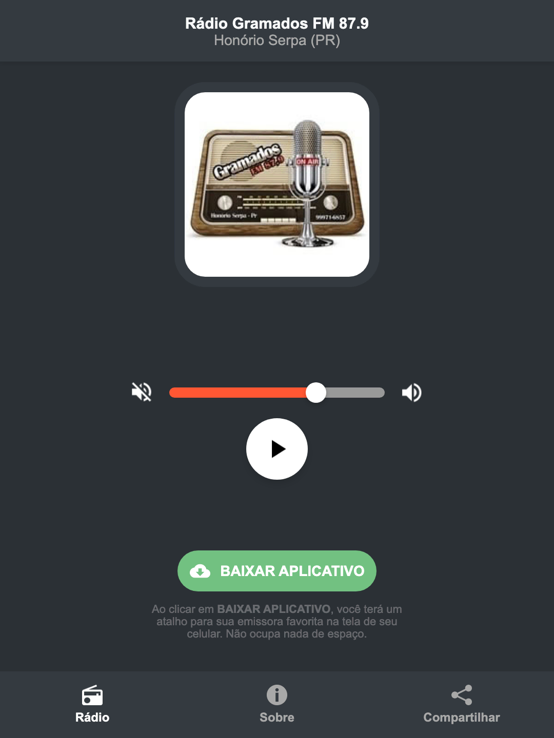 Screenshot do aplicativo da Rádio Gramados FM 87.9