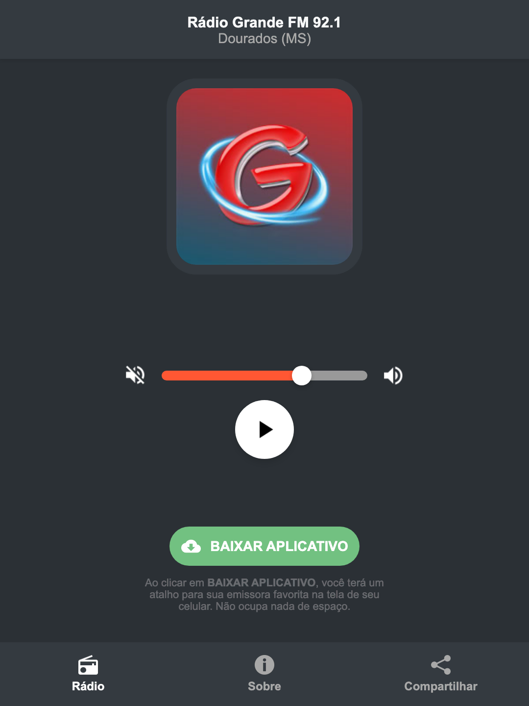 Screenshot do aplicativo da Rádio Grande FM 92.1