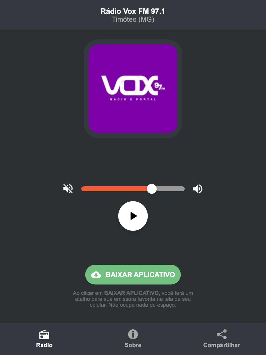 Screenshot do aplicativo da Rádio Vox FM 97.1