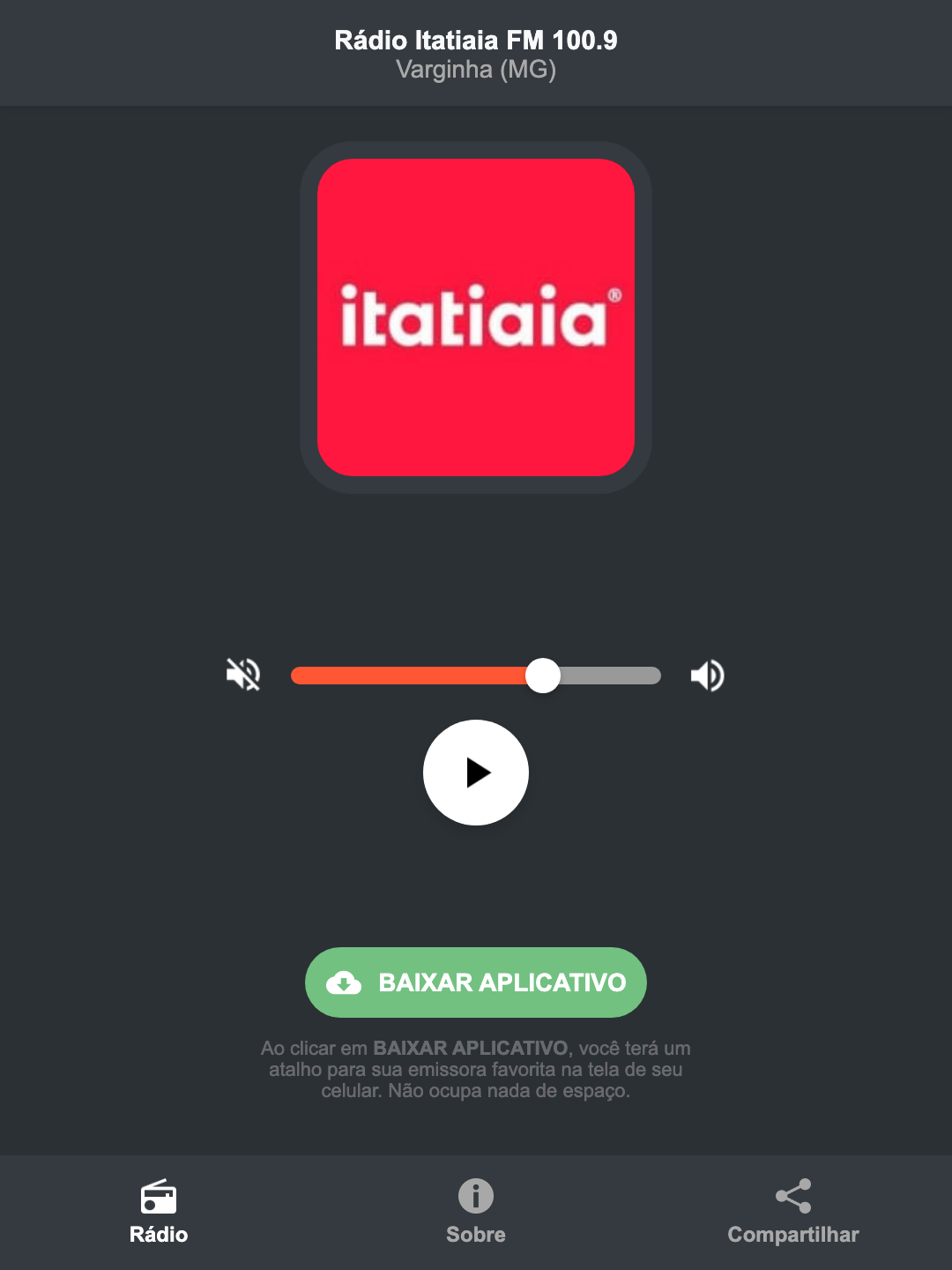 Screenshot do aplicativo da Rádio Itatiaia FM 100.9
