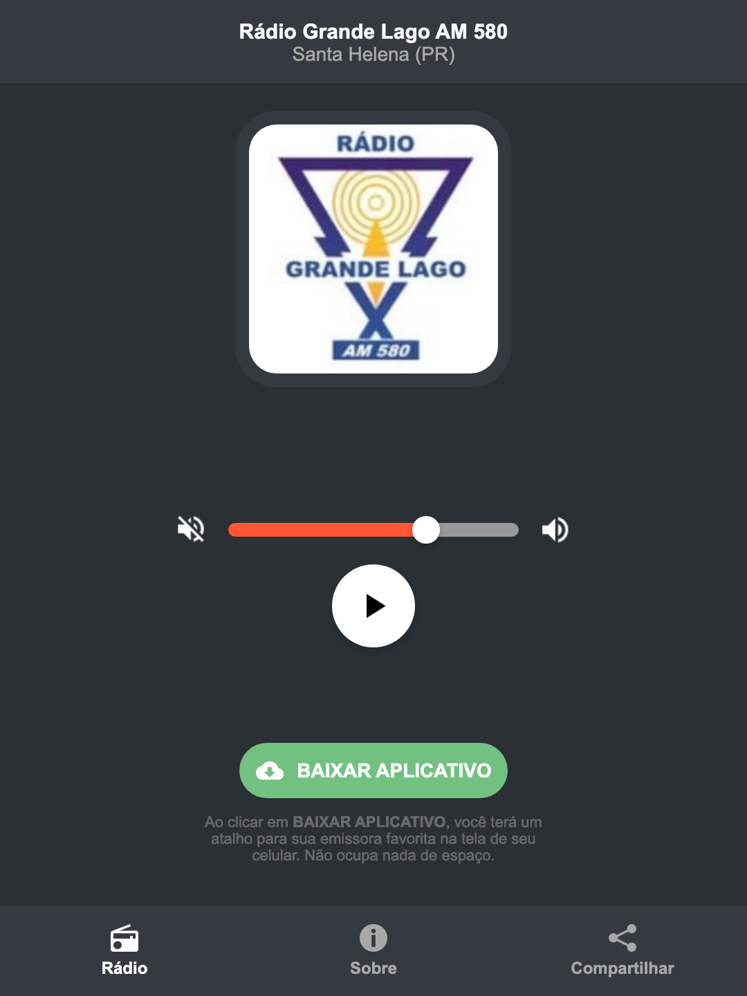 Screenshot do aplicativo da Rádio Grande Lago AM 580