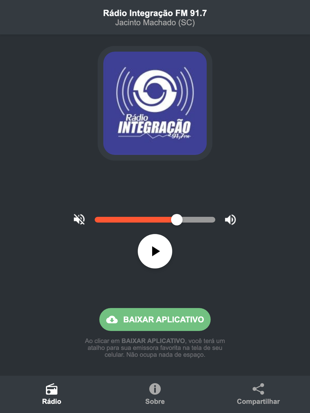 Screenshot do aplicativo da Rádio Integração FM 91.7
