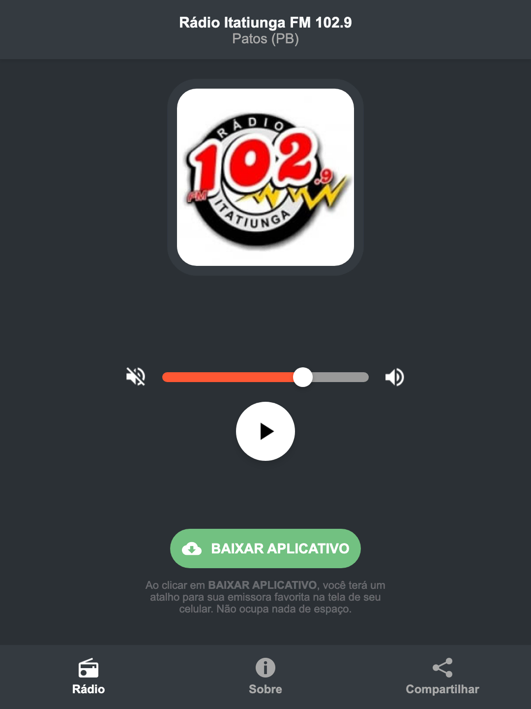 Screenshot do aplicativo da Rádio Itatiunga FM 102.9
