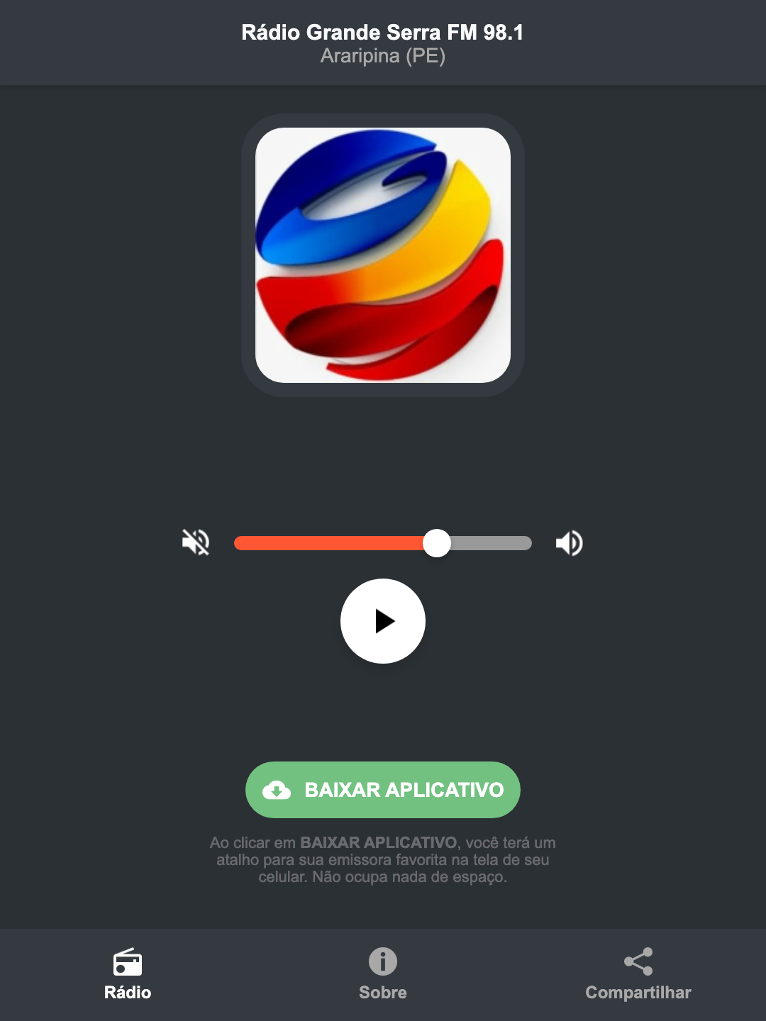 Screenshot do aplicativo da Rádio Grande Serra FM 98.1