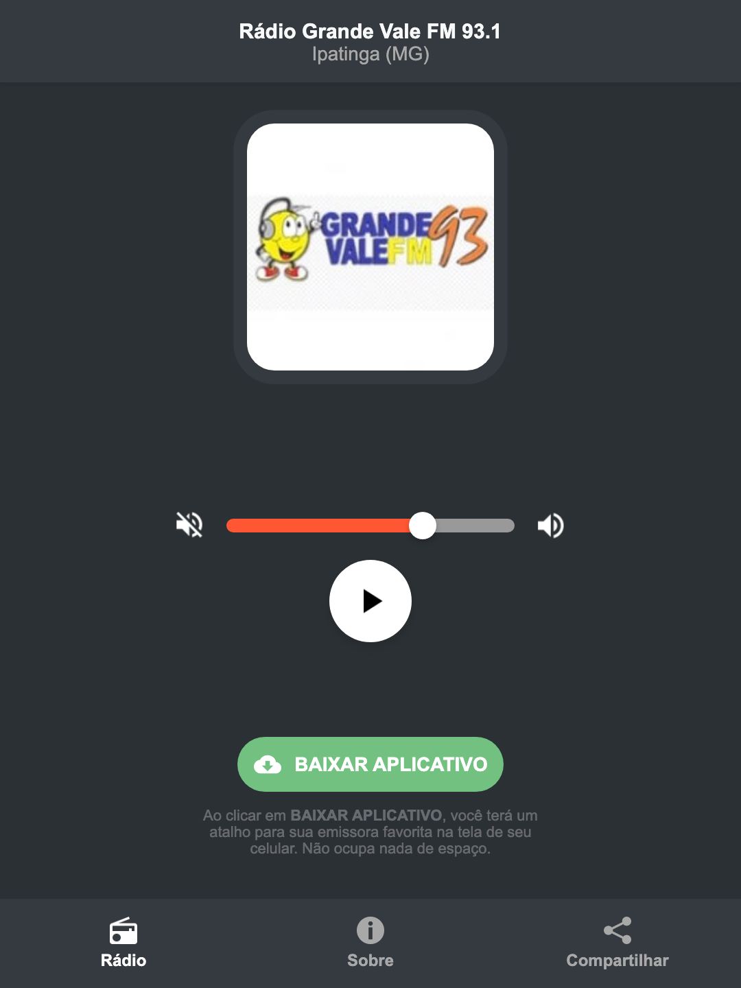 Screenshot do aplicativo da Rádio Grande Vale FM 93.1
