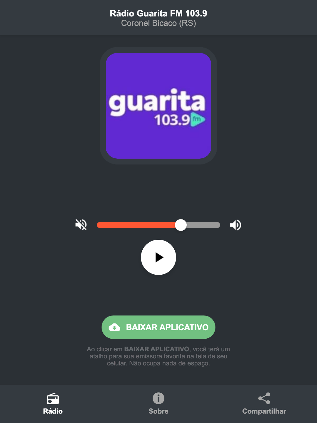 Screenshot do aplicativo da Rádio Guarita FM 103.9