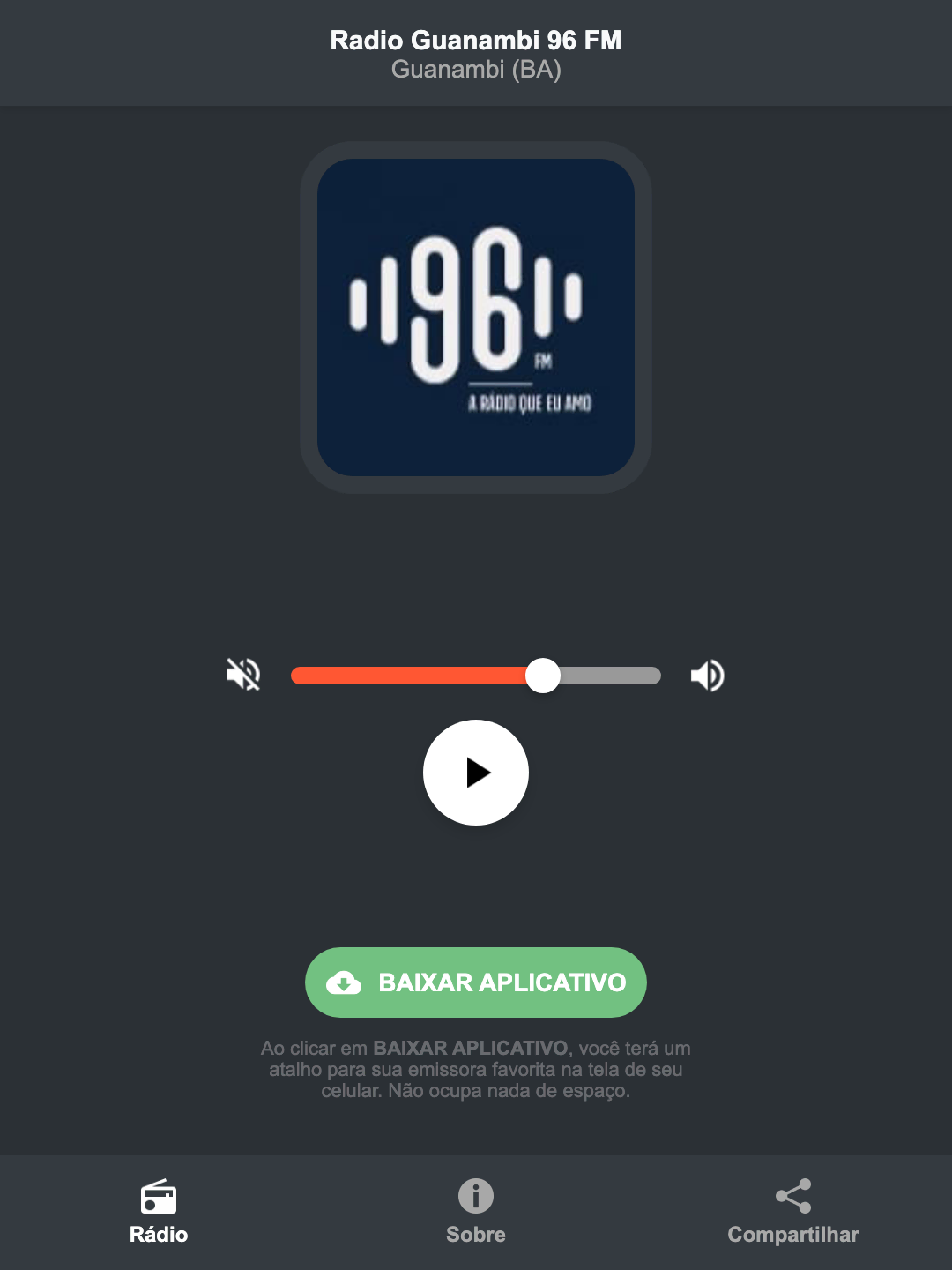 Screenshot do aplicativo da Radio Guanambi 96 FM