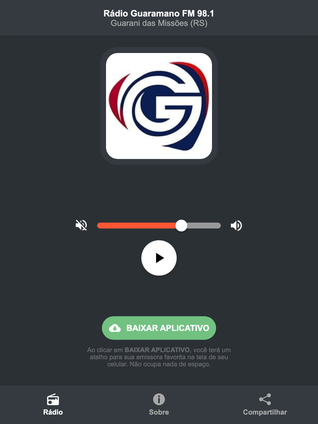 Screenshot do aplicativo da Rádio Guaramano FM 98.1
