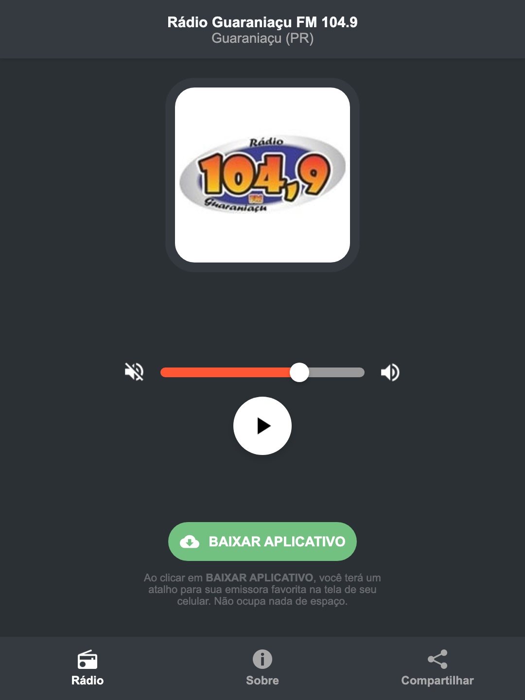 Screenshot do aplicativo da Rádio Guaraniaçu FM 104.9