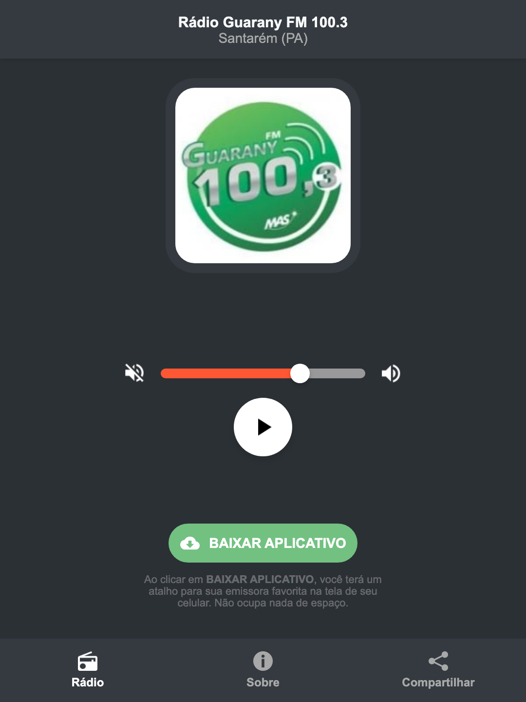 Screenshot do aplicativo da Rádio Guarany FM 100.3
