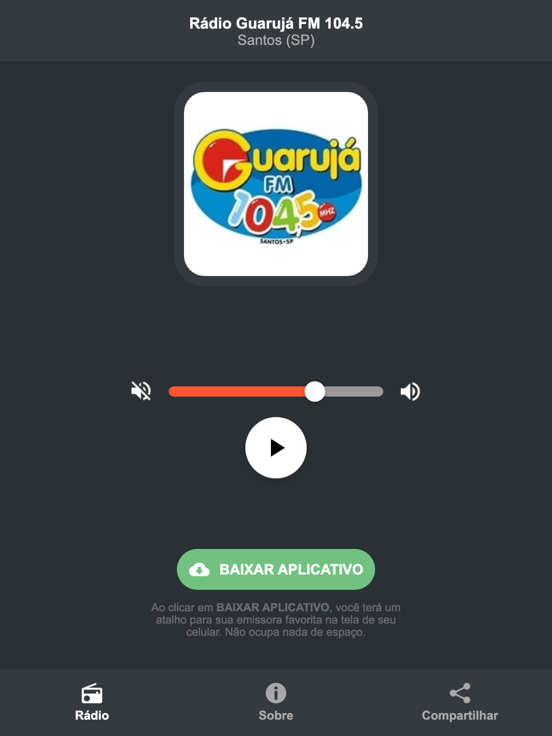 Screenshot do aplicativo da Rádio Guarujá FM 104.5