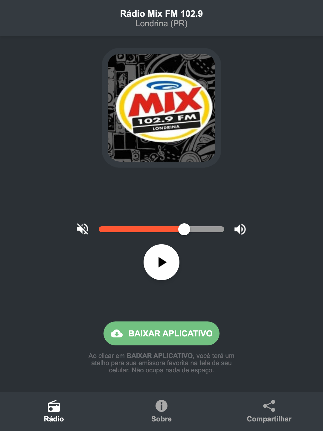 Screenshot do aplicativo da Rádio Mix FM 102.9