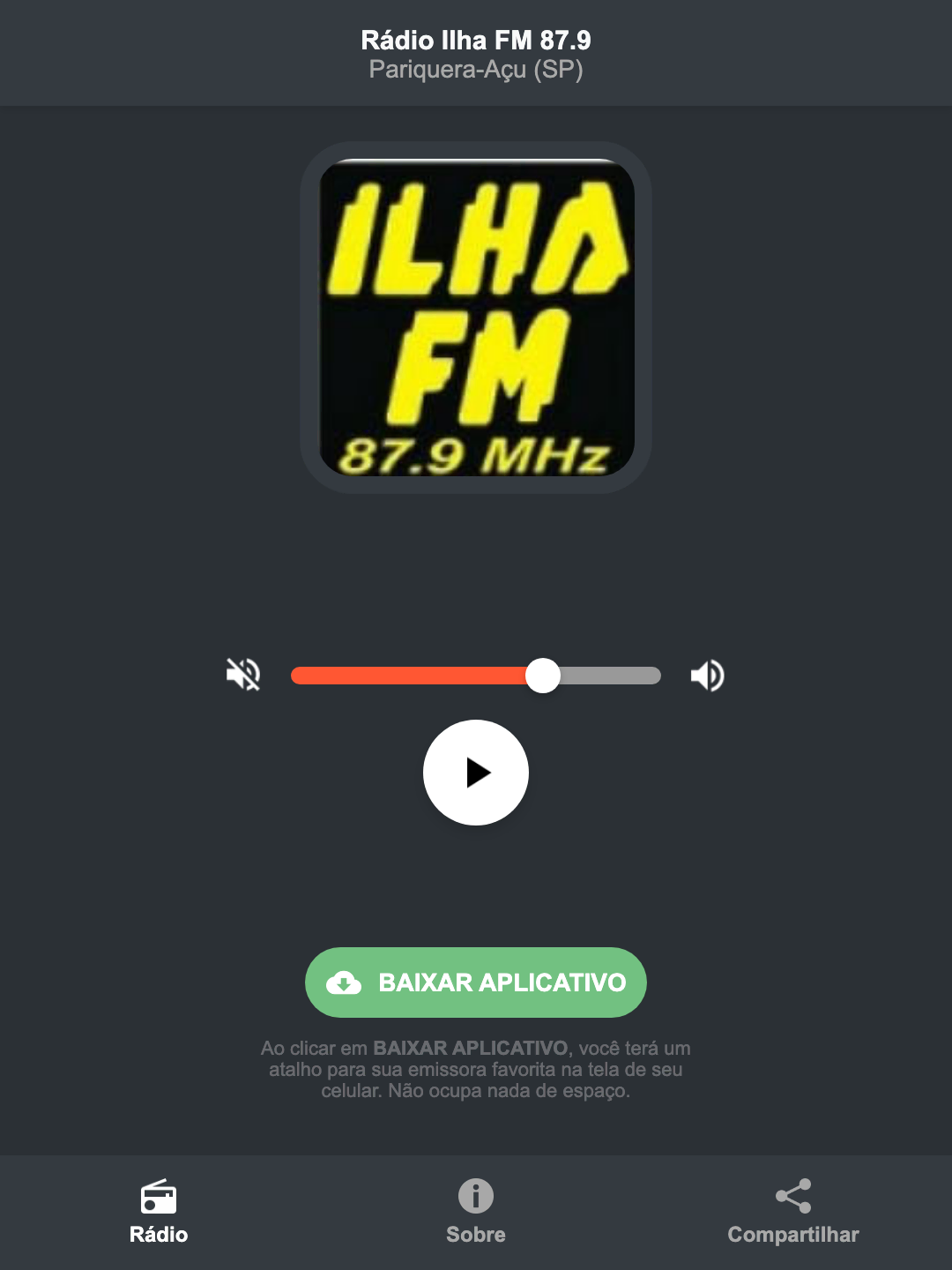 Screenshot do aplicativo da Rádio Ilha FM 87.9