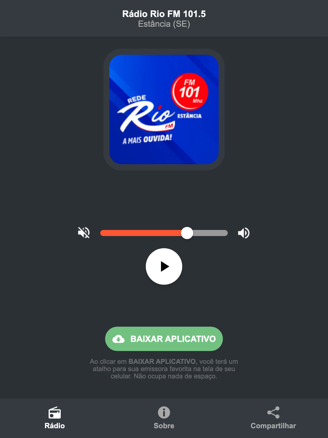 Screenshot do aplicativo da Rádio Rio FM 101.5