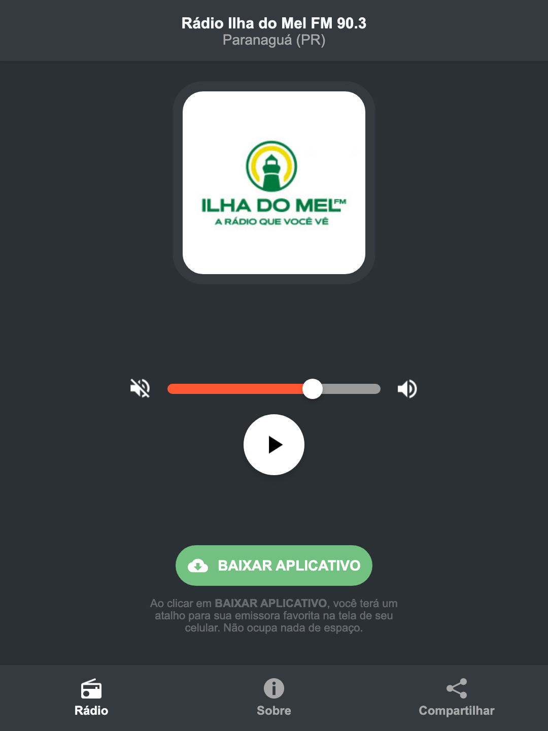 Screenshot do aplicativo da Rádio Ilha do Mel FM 90.3