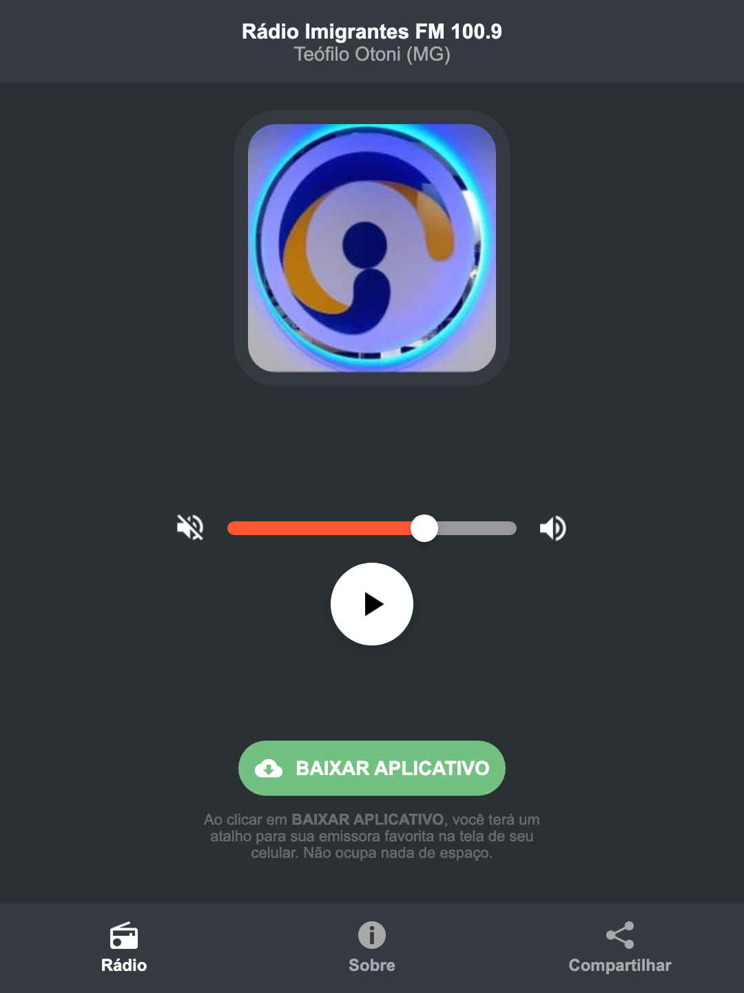 Screenshot do aplicativo da Rádio Imigrantes FM 100.9