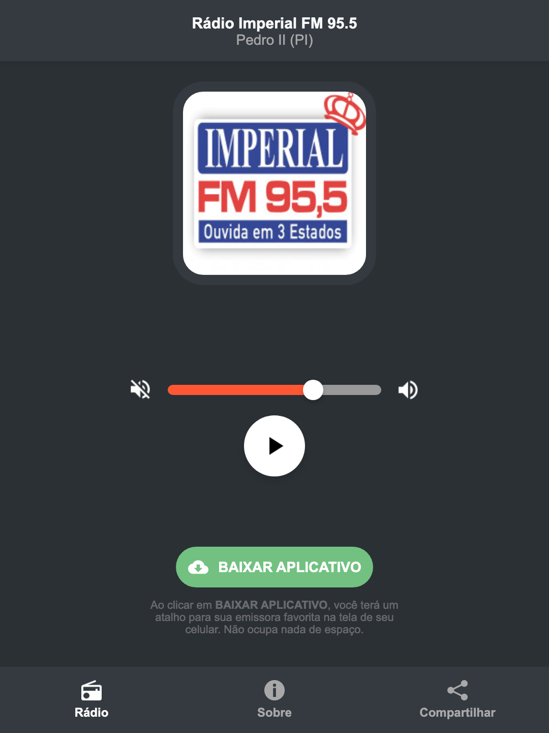 Screenshot do aplicativo da Rádio Imperial FM 95.5