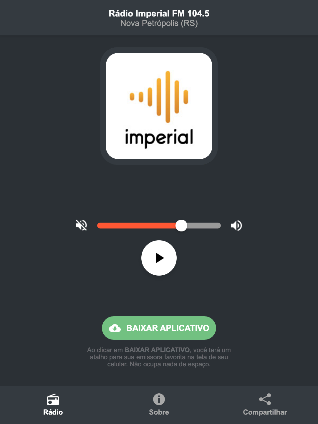 Screenshot do aplicativo da Rádio Imperial FM 104.5