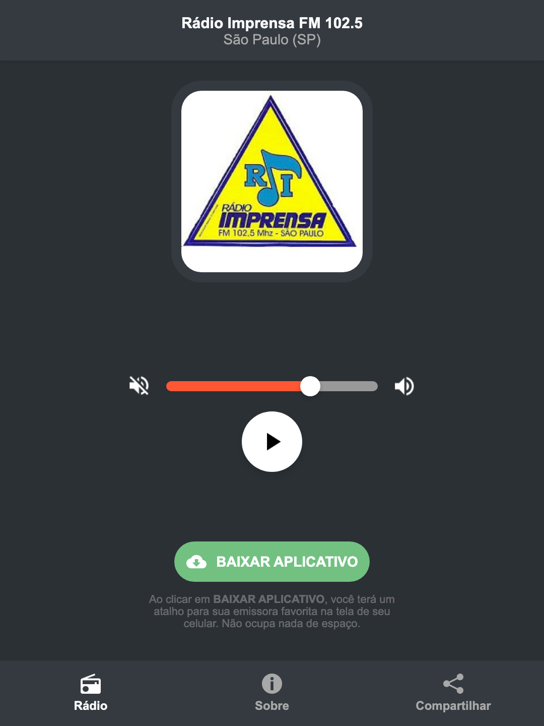 Screenshot do aplicativo da Rádio Imprensa FM 102.5