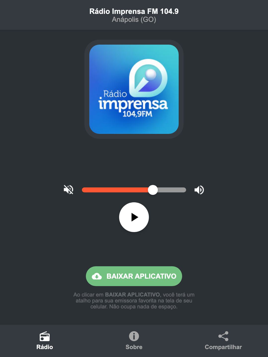 Screenshot do aplicativo da Rádio Imprensa FM 104.9