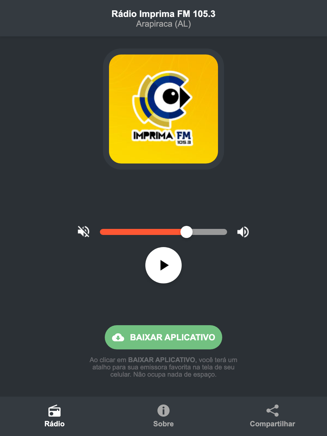 Screenshot do aplicativo da Rádio Imprima FM 105.3