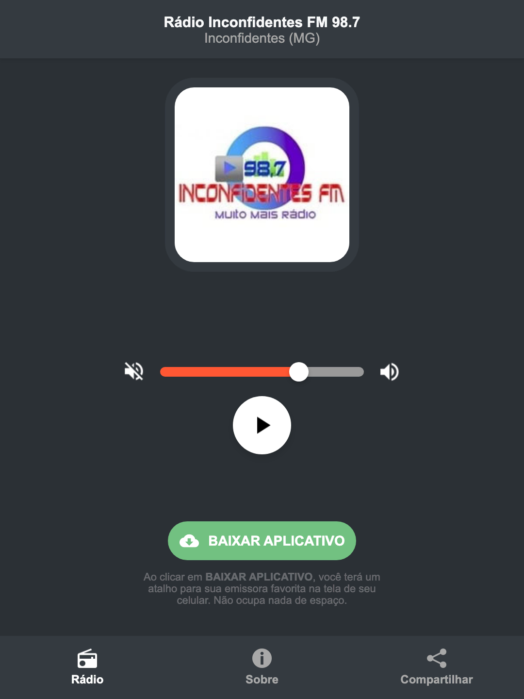 Screenshot do aplicativo da Rádio Inconfidentes FM 98.7