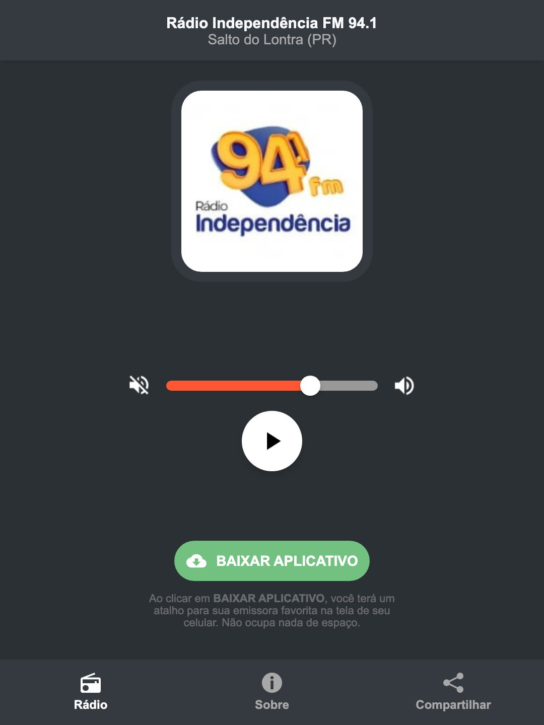 Screenshot do aplicativo da Rádio Independência FM 94.1