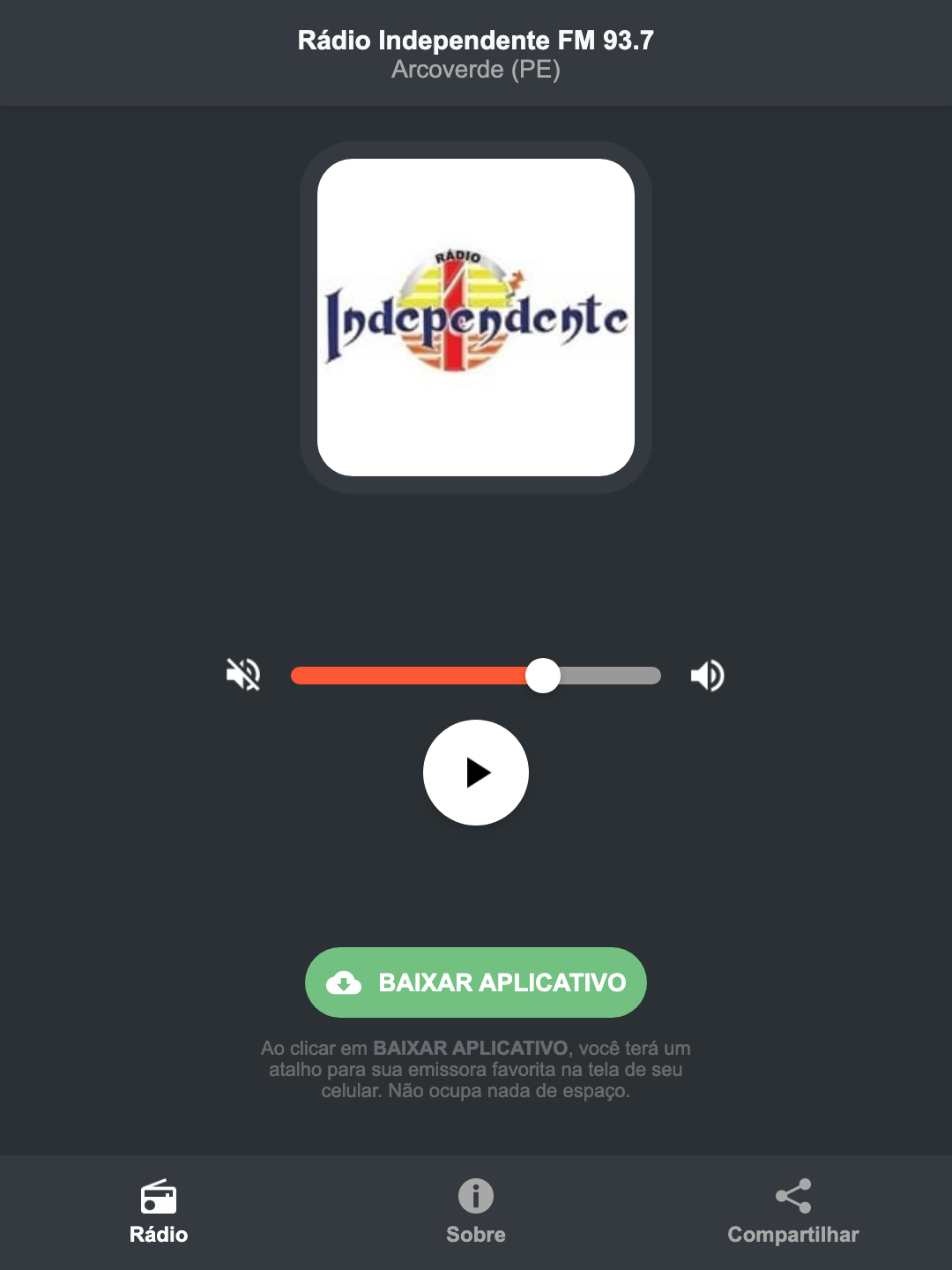 Screenshot do aplicativo da Rádio Independente FM 93.7
