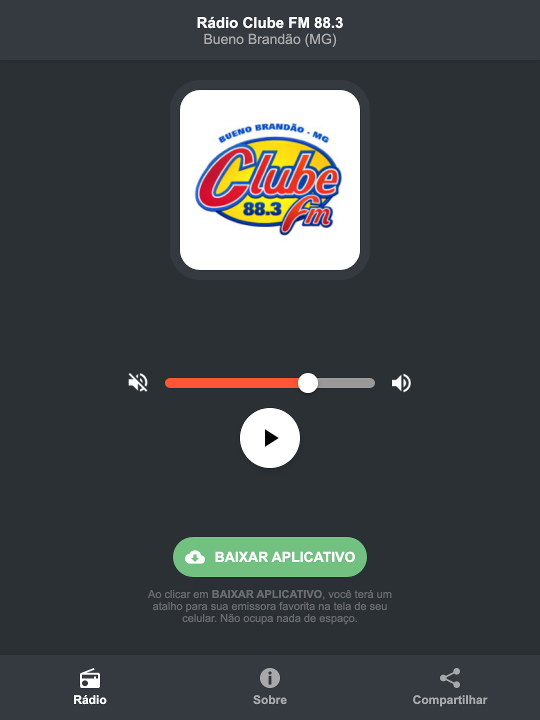 Screenshot do aplicativo da Rádio Clube FM 88.3