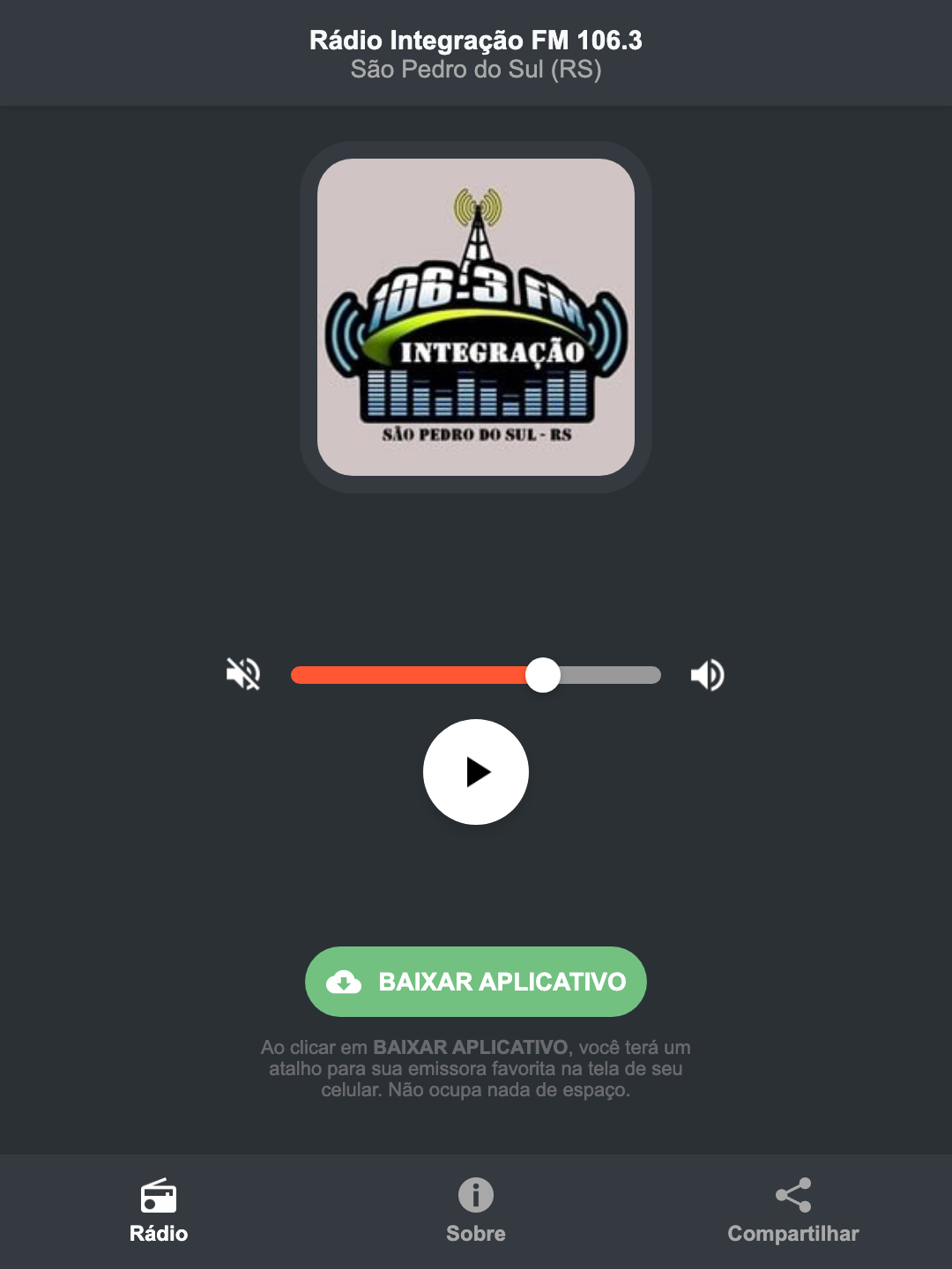 Screenshot do aplicativo da Rádio Integração FM 106.3