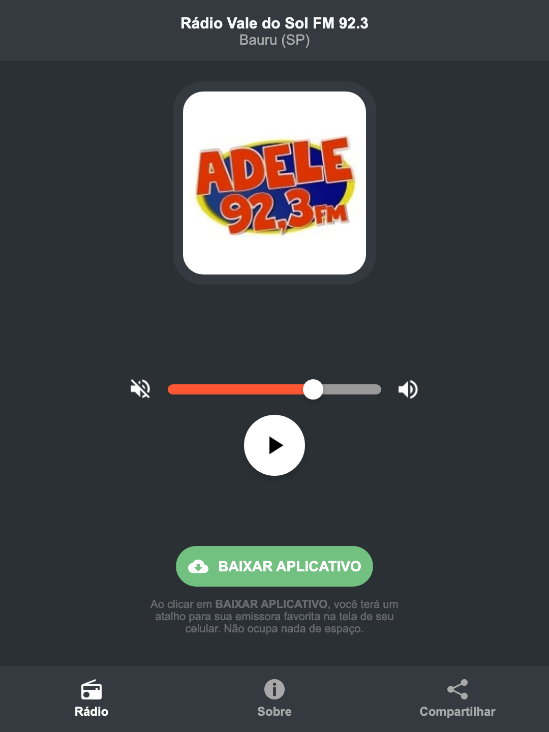 Screenshot do aplicativo da Rádio Vale do Sol FM 92.3