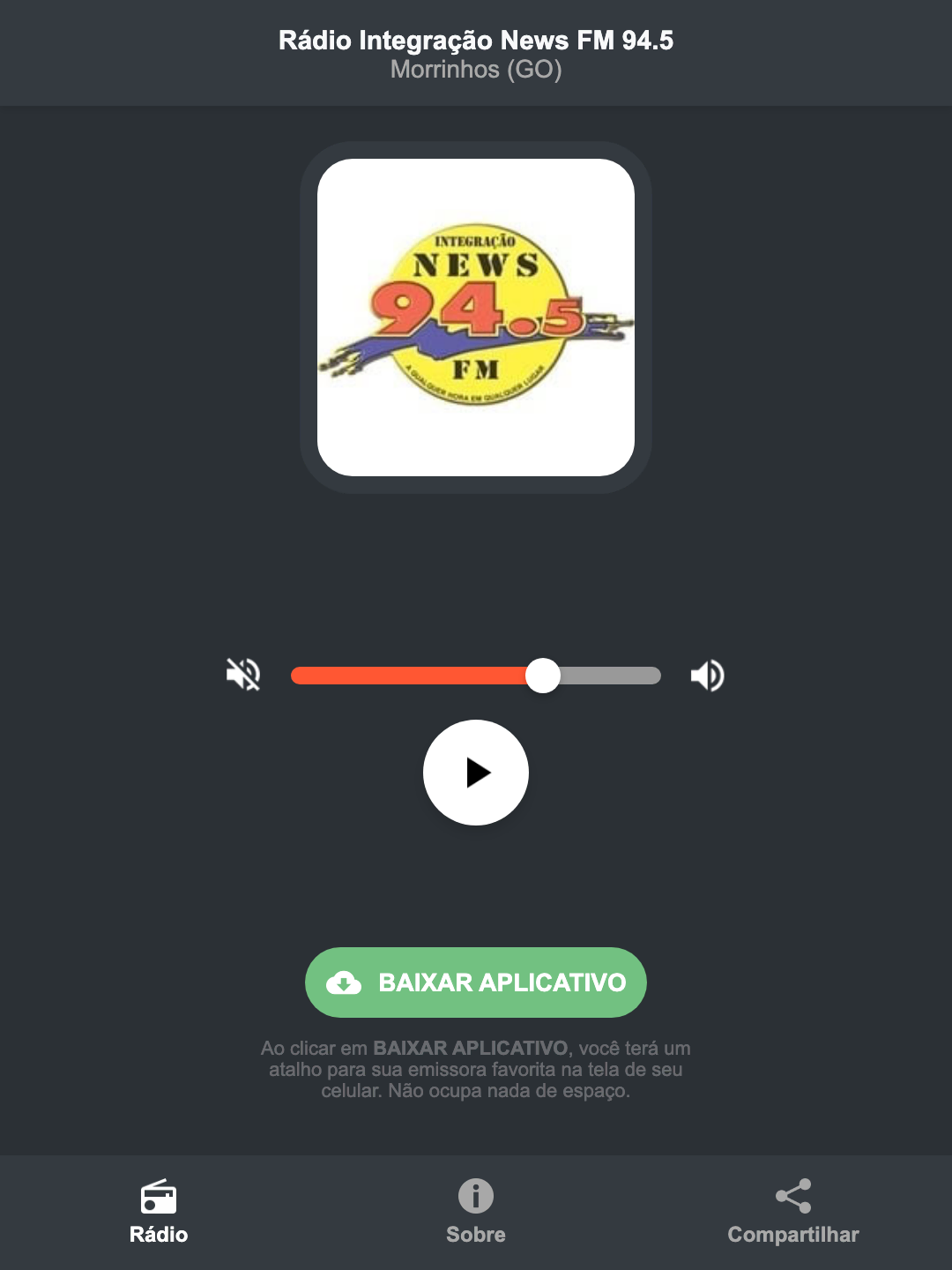 Screenshot do aplicativo da Rádio Integração News FM 94.5