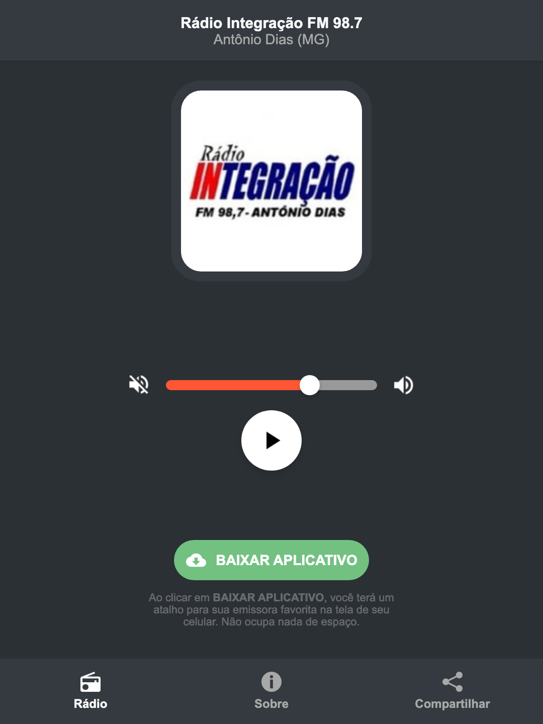 Screenshot do aplicativo da Rádio Integração FM 98.7