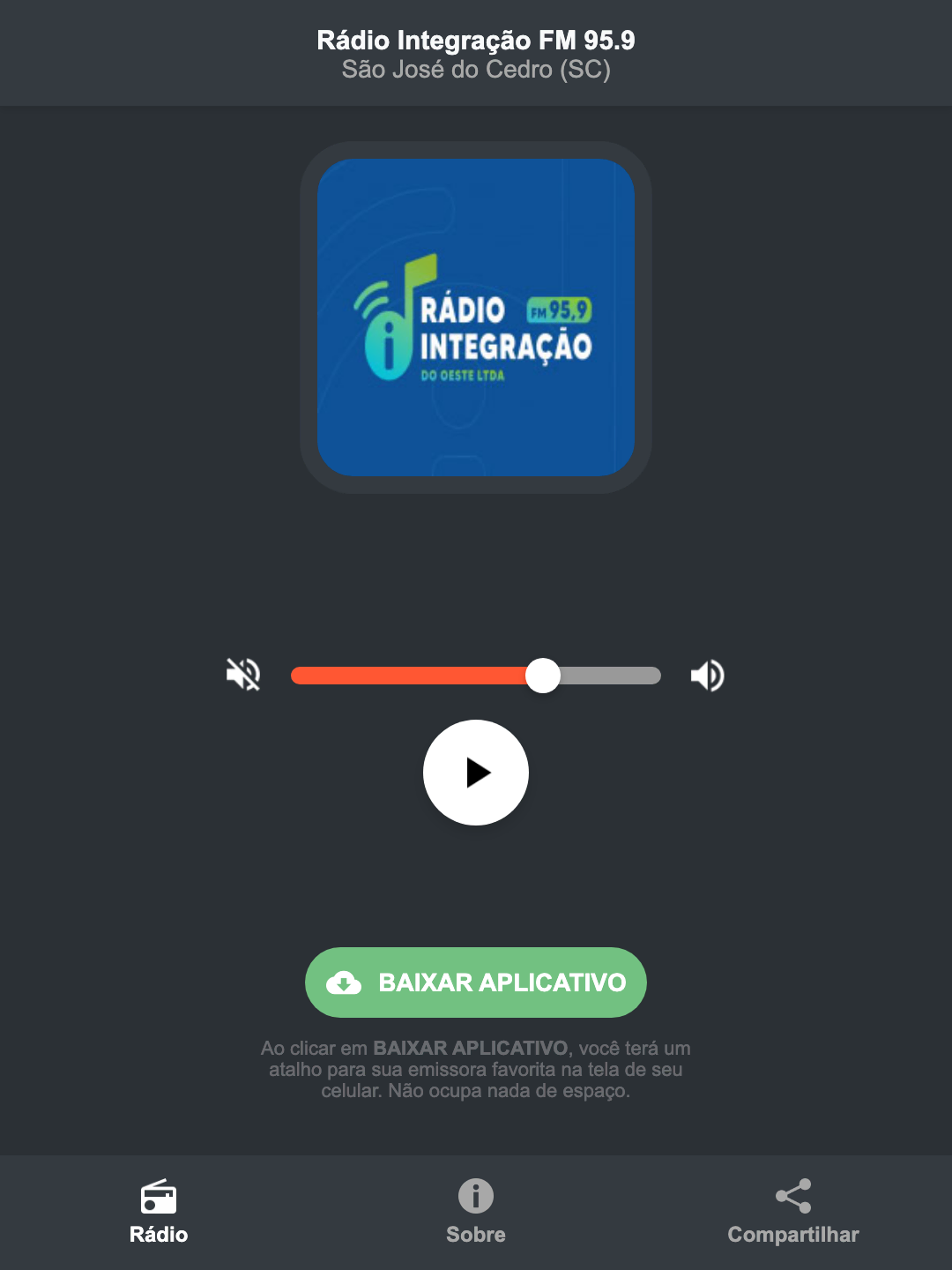 Screenshot do aplicativo da Rádio Integração FM 95.9