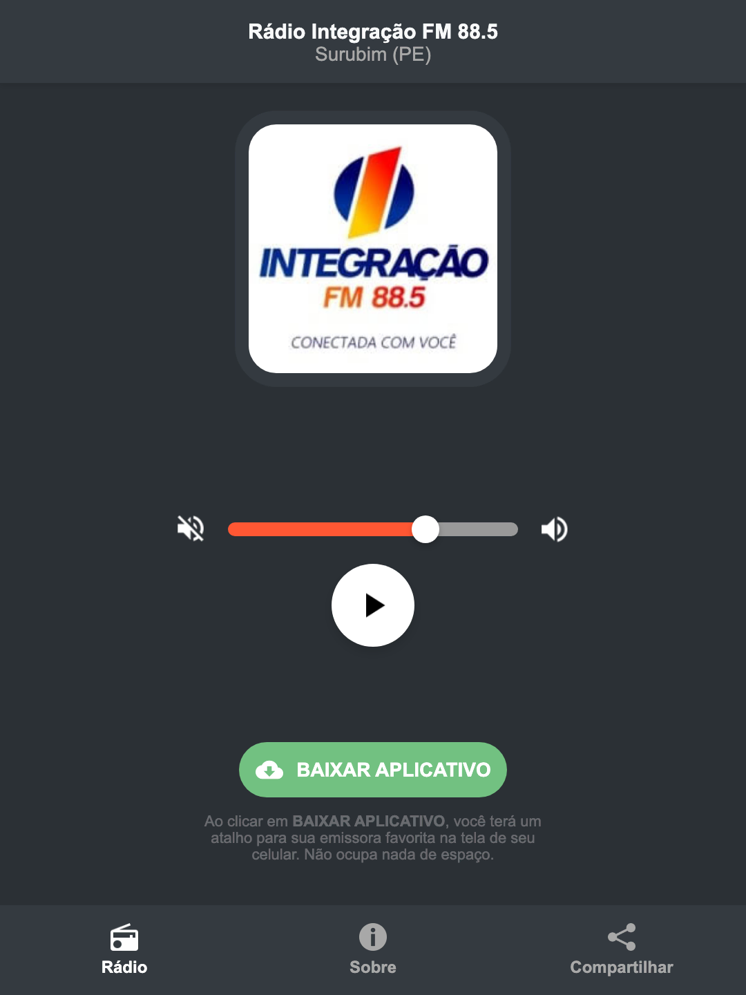 Screenshot do aplicativo da Rádio Integração FM 88.5