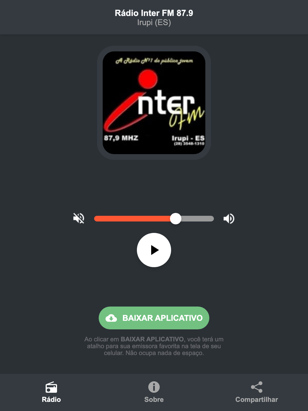 Screenshot do aplicativo da Rádio Inter FM 87.9