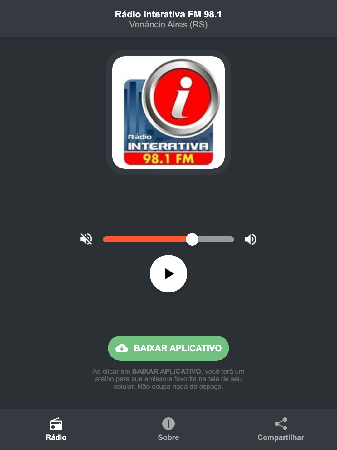 Screenshot do aplicativo da Rádio Interativa FM 98.1