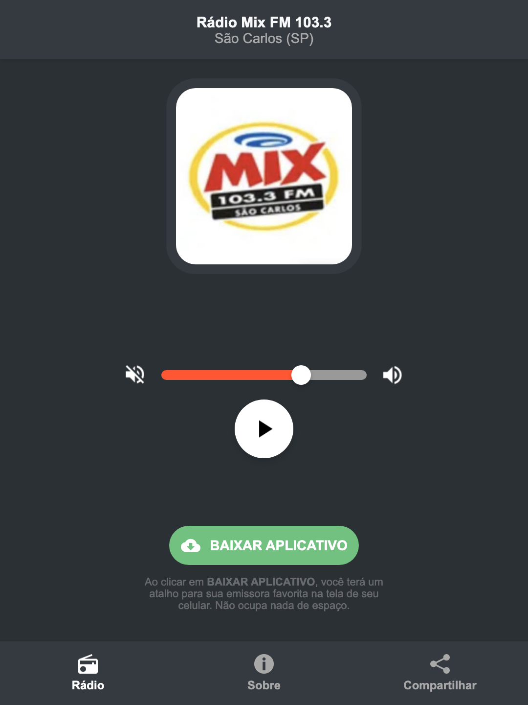 Screenshot do aplicativo da Rádio Mix FM 103.3