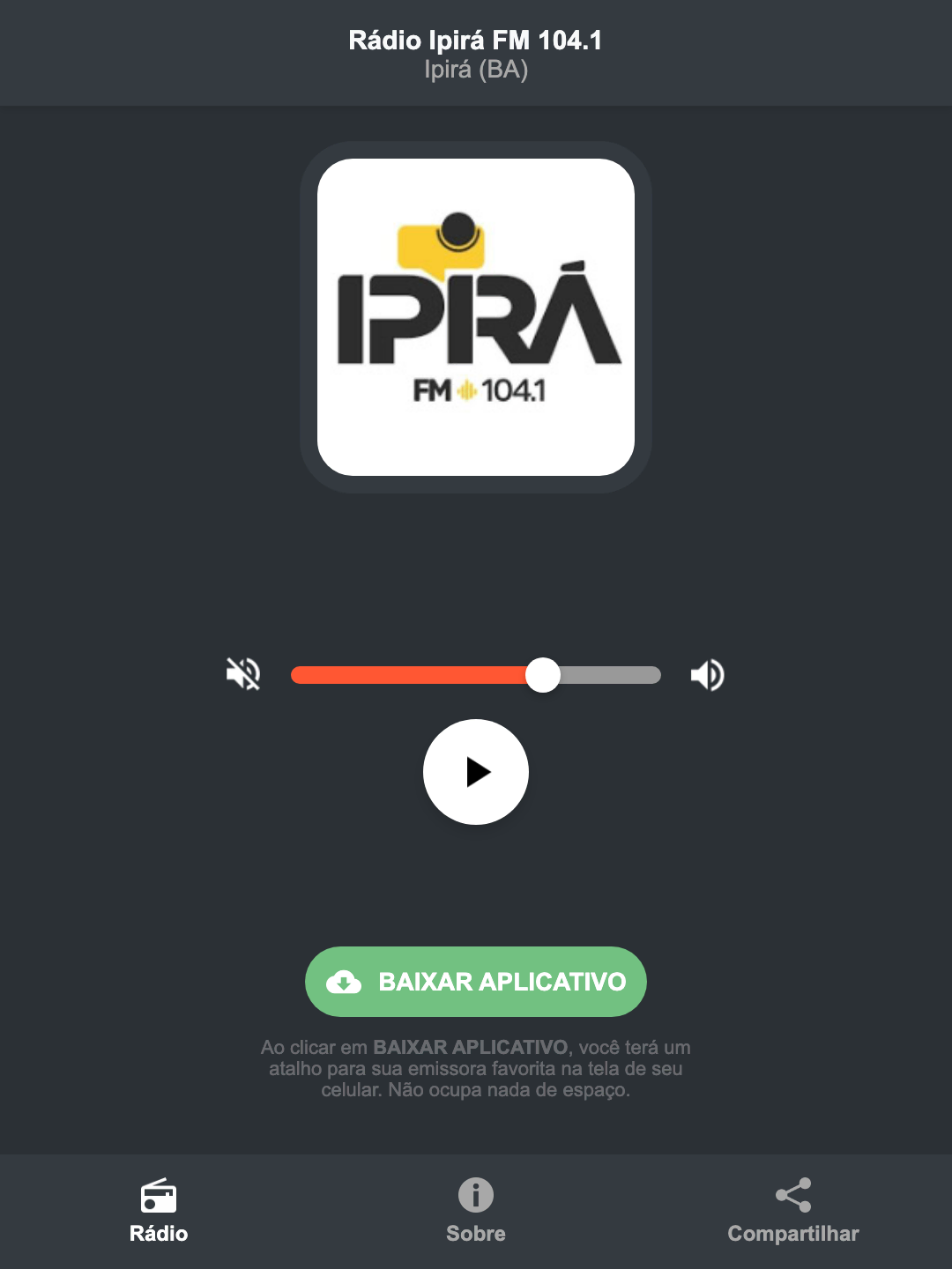 Screenshot do aplicativo da Rádio Ipirá FM 104.1