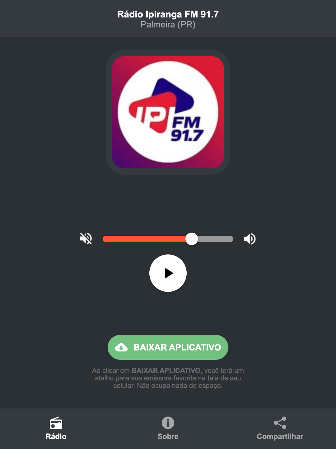 Screenshot do aplicativo da Rádio Ipiranga FM 91.7