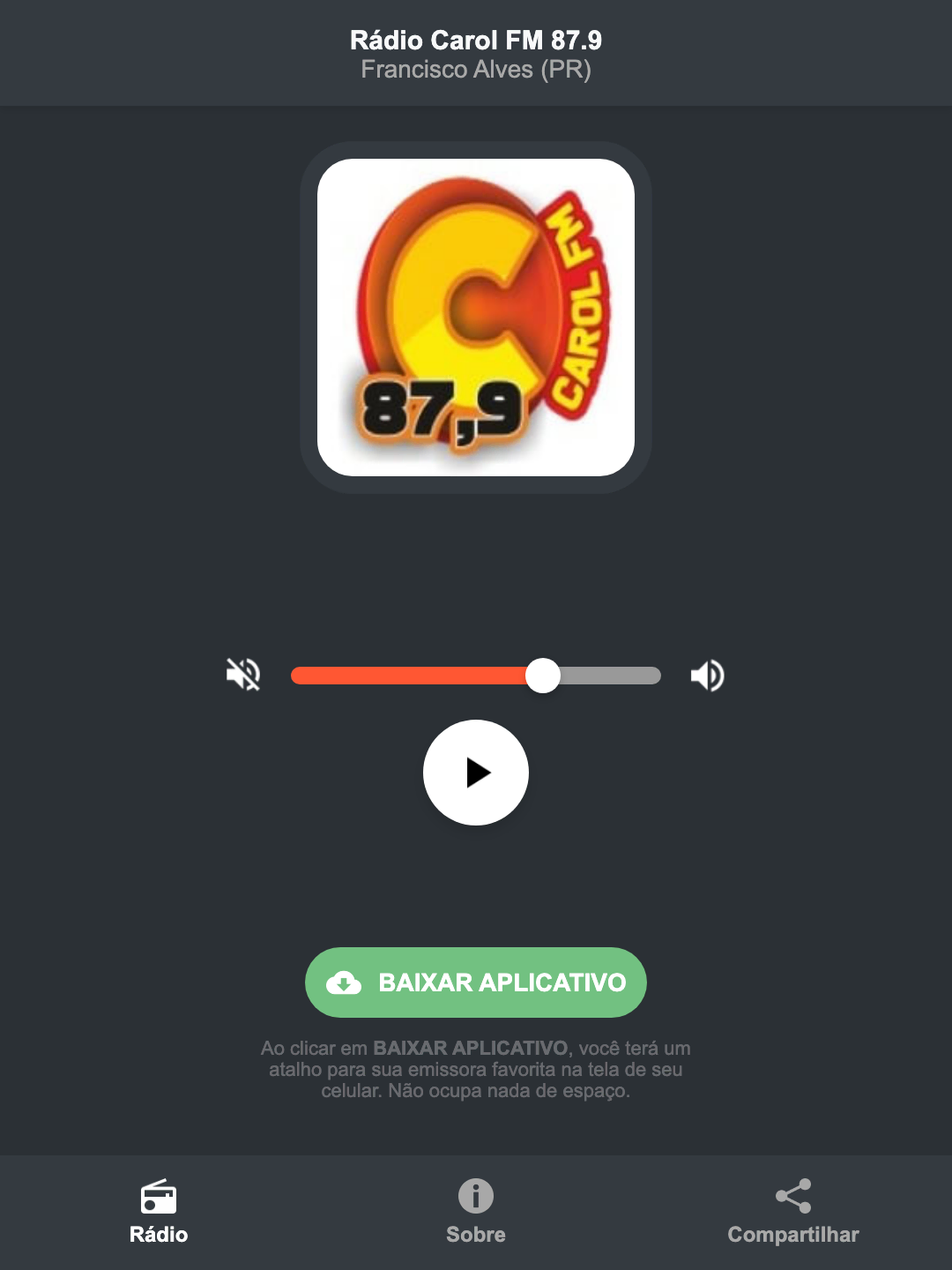 Screenshot do aplicativo da Rádio Carol FM 87.9