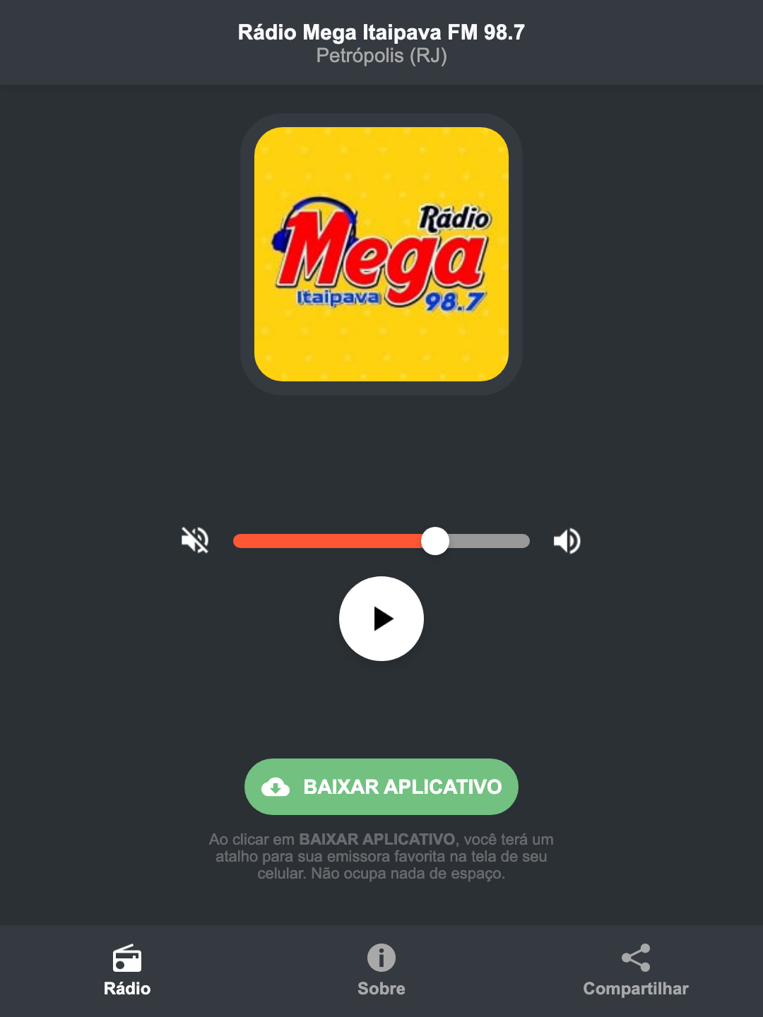 Screenshot do aplicativo da Rádio Mega Itaipava FM 98.7