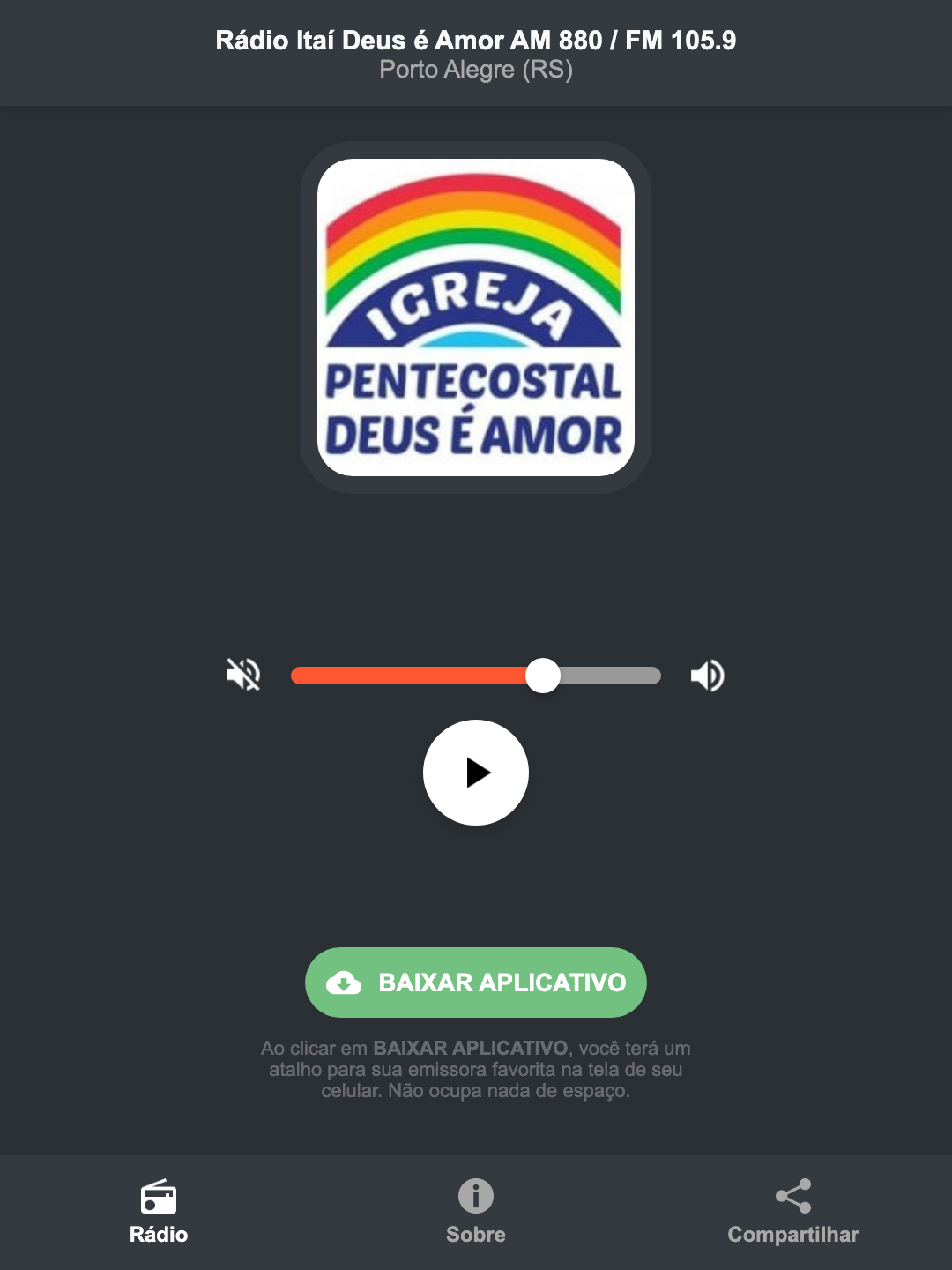 Screenshot do aplicativo da Rádio Itaí Deus é Amor AM 880 / FM 105.9
