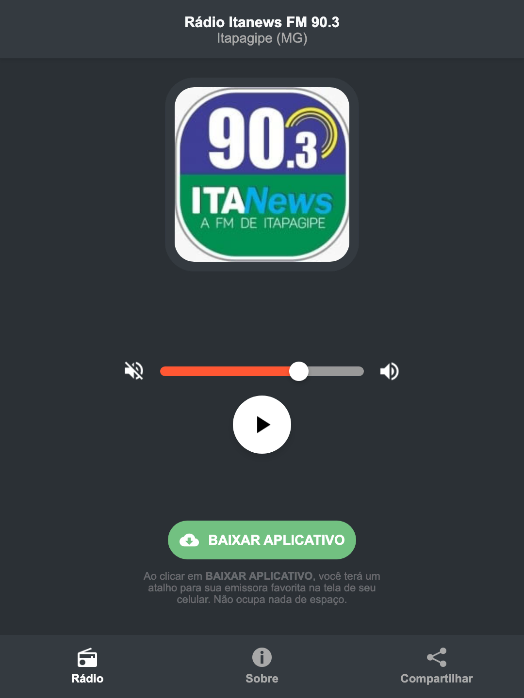 Screenshot do aplicativo da Rádio Itanews FM 90.3