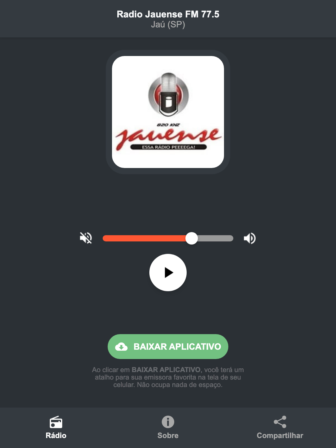 Screenshot do aplicativo da Radio Jauense FM 77.5